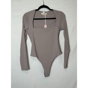 QINSEN Women's Sexy Square Neck Bodysuit Long Sleeve Double Lined Size L NWT